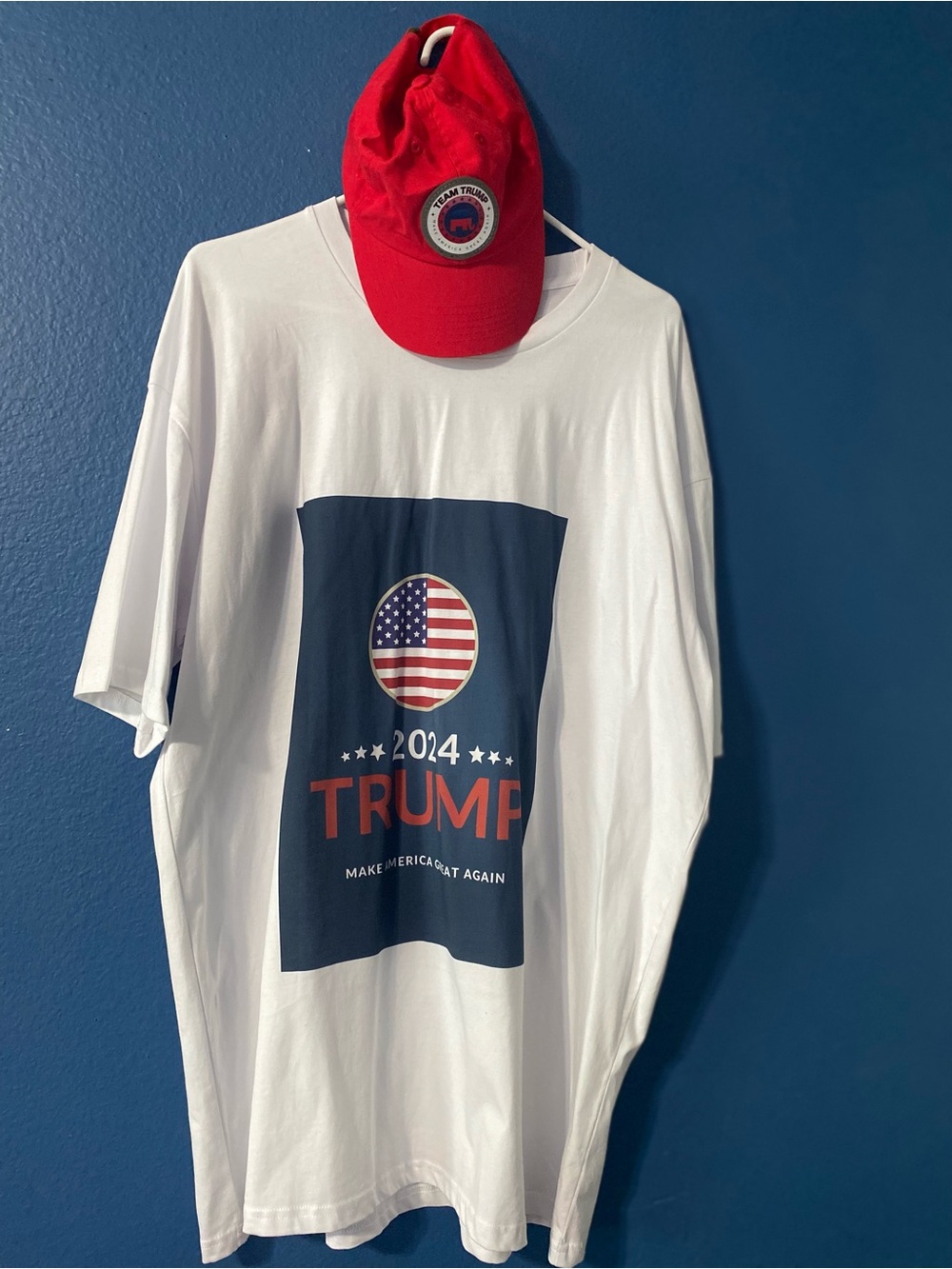 White 2024 Trump Graphic Tee with Red Cap